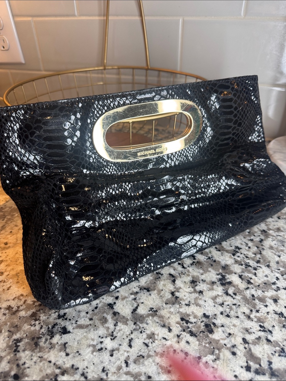 Michael Kors Black Patent Snake-Embossed Wristlet Clutch with Gold Handle